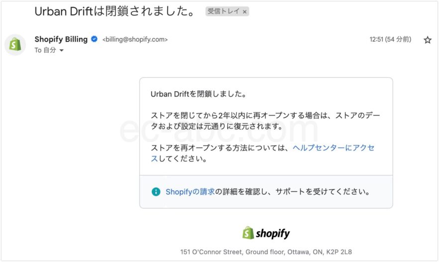 ストア解約の確認メール