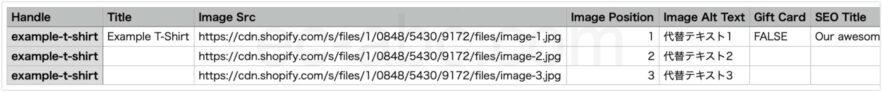 複数画像登録のCSVファイル例