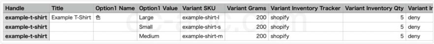 バリエーション商品のCSVファイル例