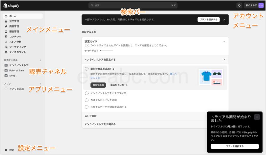 Shopify管理画面の構成