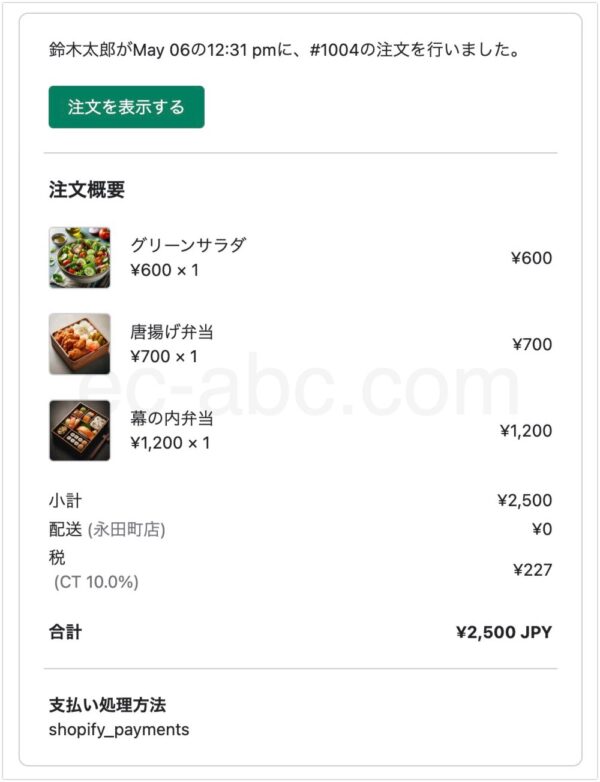 ショップ宛の注文通知メール例