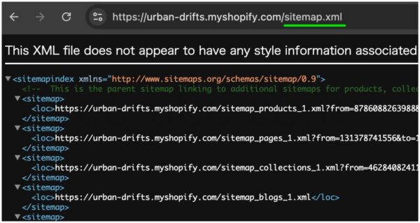 ShopifyストアのXMLサイトマップ例